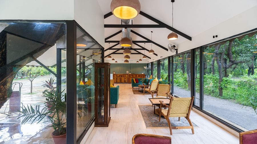 image of the looby at aranya vilas that recieves ample of natural light tucked away in the middle of lush greenery