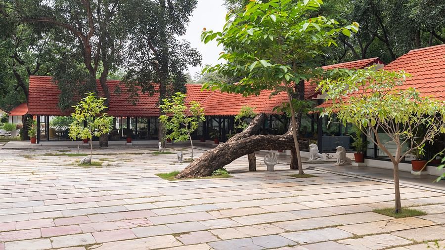 exterior image of aranya vilas with lush green trees with huge trucks in udaipur