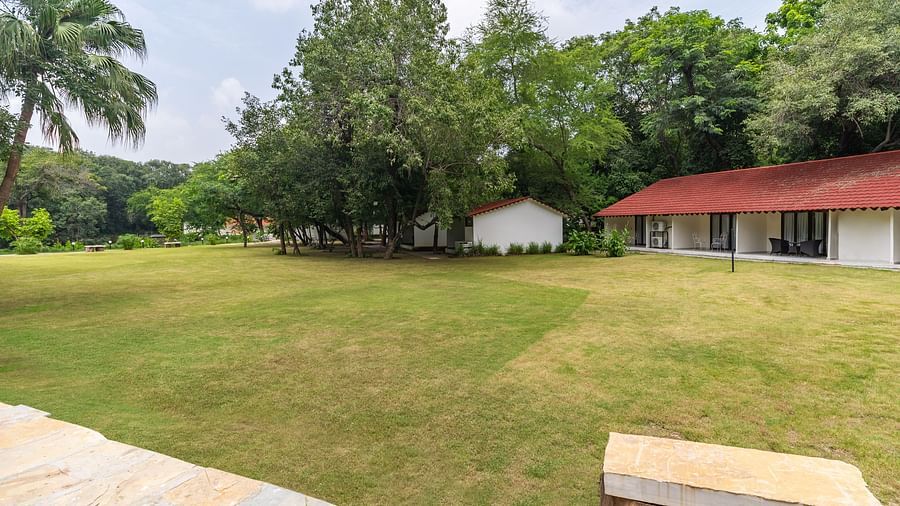 image of an expansive lawn with trimmed grass with trees in the surroundings at our resort in udaipur