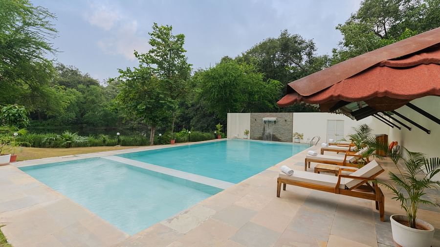 a beautiful image of the swimming pool at aranya vilas nestled amidst lush greenery featuring sun loungers at the pool side