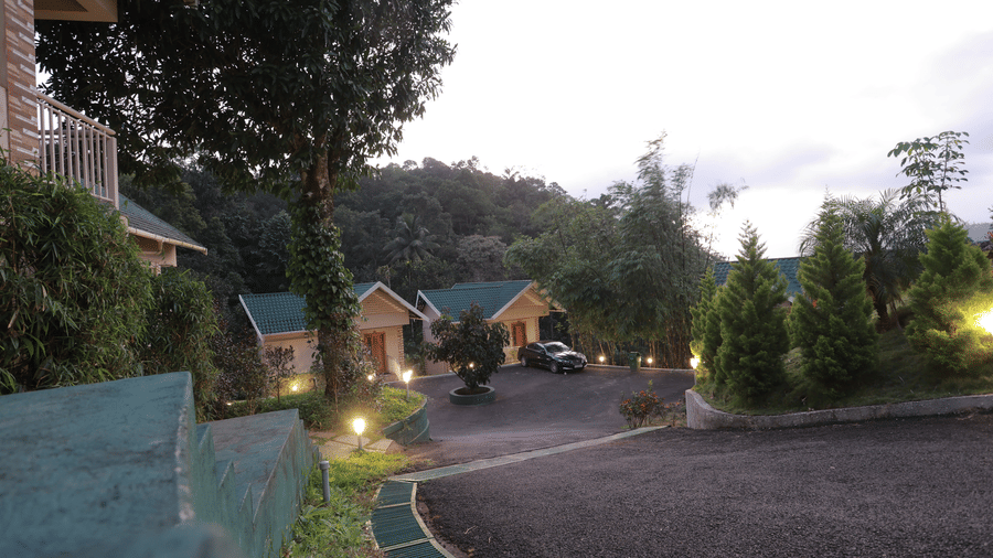 A grey pathway full of gravel, lined by tall green bushes outside the villas at Aveda Mountains and Mist Resort and Spa, Munnar.