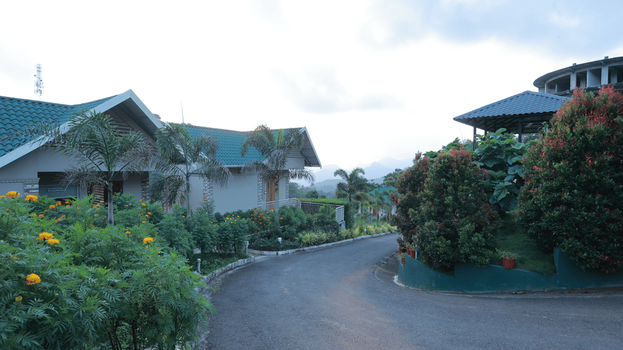 A road leading to the inner parts of Aveda Mountains and Mist Resort and Spa, Munnar, with villas on either side of it.