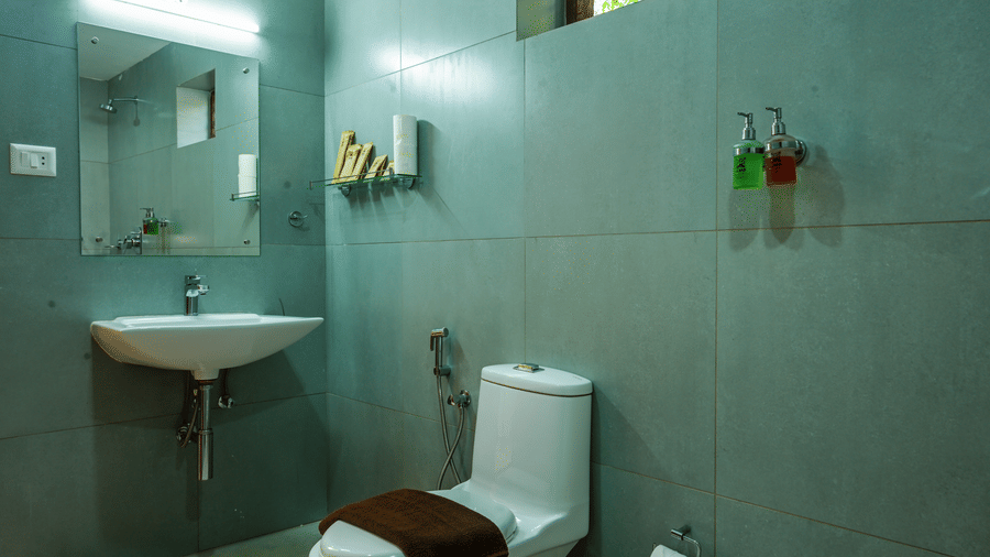 A bathroom featuring a pedestal sink, wall-mounted mirror, and a western toilet at Ayur On The Beach Nattika.