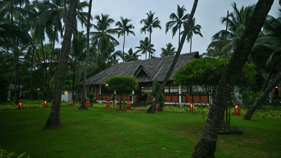 An overview of the manicured lawn in the foreground with coconut trees and a villa in the background at Ayur On The Beach Nattika.