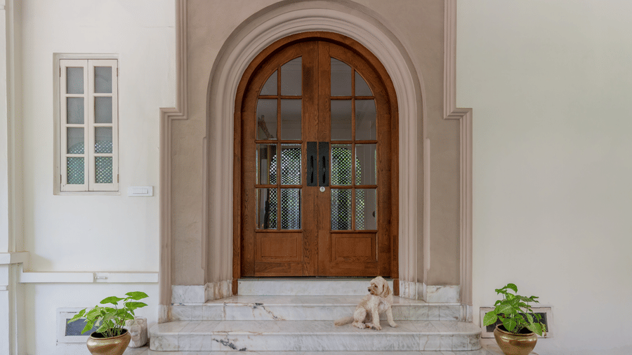 An arched wooden entrance door at Barwara Kothi, Jaipur featuring glass panes, steps, potted plants, and a sleeping dog.