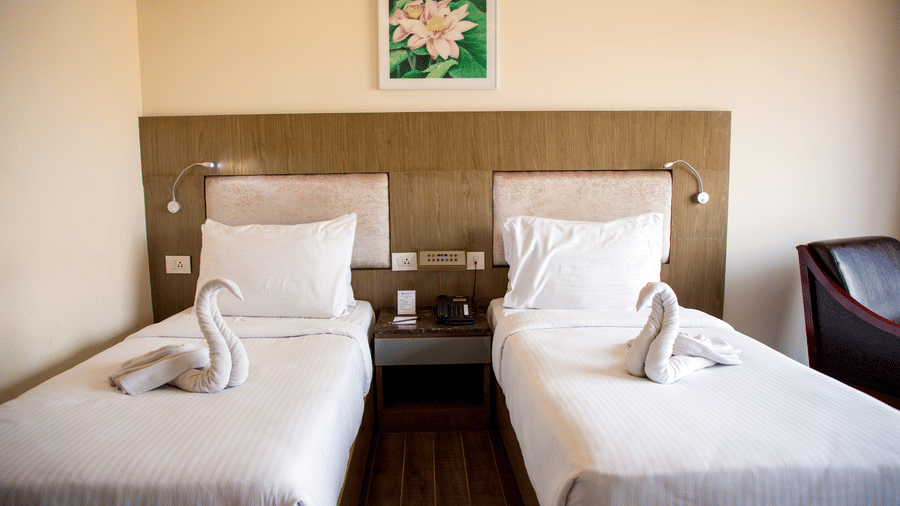 Close up shot featuring a twin beds in the Deluxe Room at Benzz Park, Vellore, with a bedside table between them.