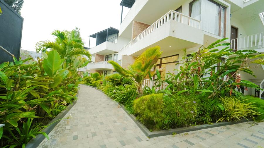A stone-paved outdoor path at Bindiga Peak Resort lined with green plants, palm trees, and multi-story white buildings.