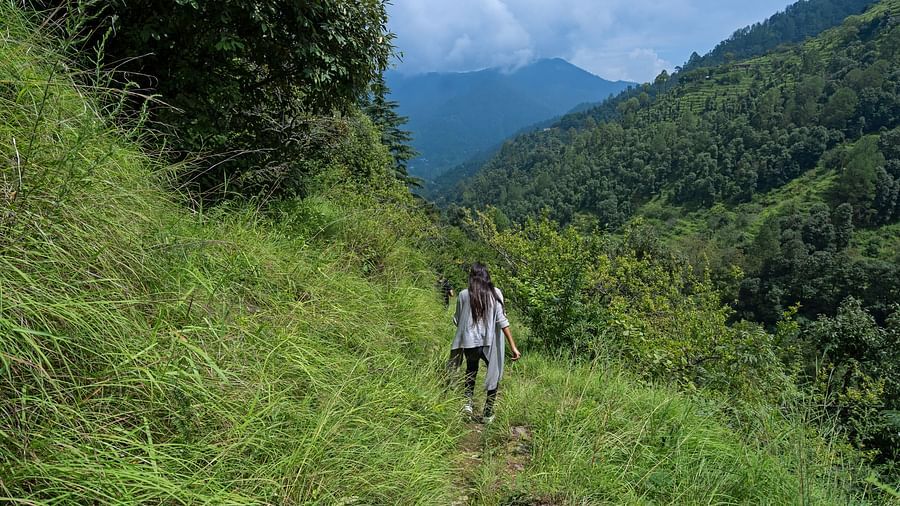 Couple trekking through a grassy trail surrounded by mountains and forest, at BluSalzz Collection - Suvaasa Resort, Ramgarh.
