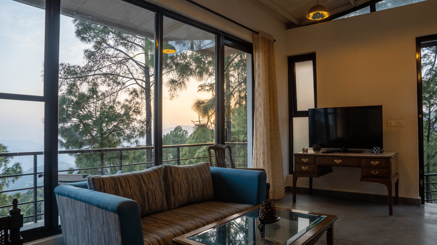 A living space within the Pine Forest Suite contains a sofa, a coffee table, and a television. Large windows look out towards trees and the sky.