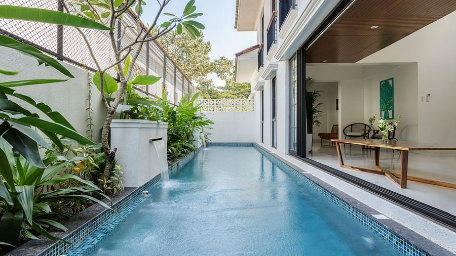 A tranquil outdoor pool surrounded by lush greenery, with modern villa walls and a relaxing atmosphere - BluSalzz Villas - Alocassia, Anjuna