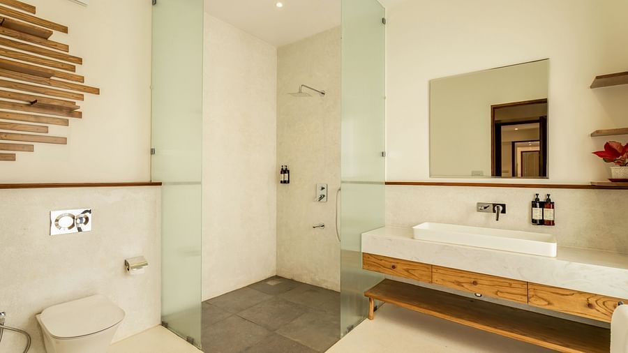 A modern bathroom with a glass-enclosed shower, a floating wooden vanity, and a sleek rectangular mirror for a sophisticated touch - BluSalzz Villas - Alocassia, Anjuna