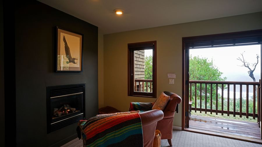 Cozy guest room with a large window offering a view of green foliage and modern decor - Brewery Gulch Inn & Spa