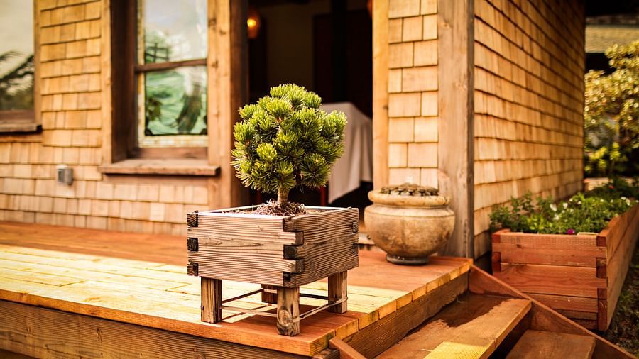 A charming wooden porch leading to a tranquil spa retreat at Brewery Gulch Inn & Spa
