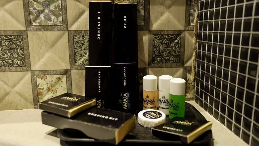 Image of toiletries placed on a flat surface at Calux Grand Baga. 
