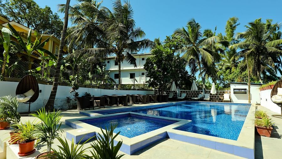 Image of the swimming pool at Calux Grand Baga with trees around it.
