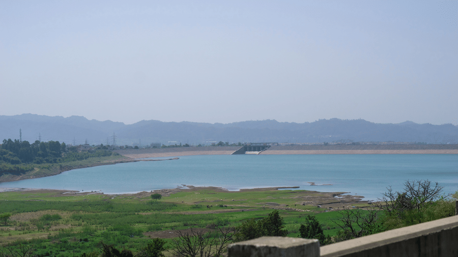 A dam in the background with grass and small shrubs in the foreground