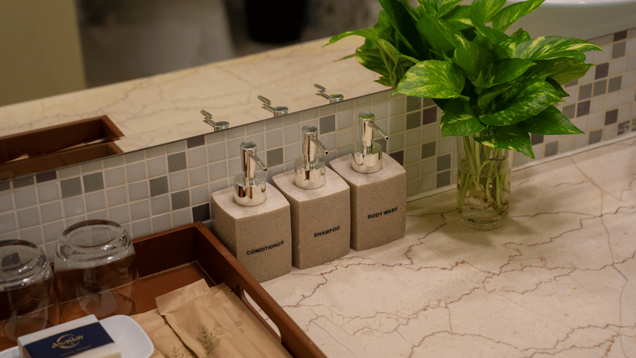 Bathroom countertop with toiletries, storage containers, and a decorative plant.