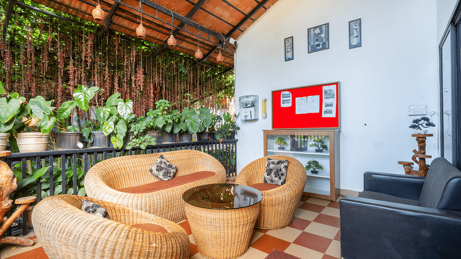 Image of a seating area with sofas and a table in the centre at Coorg Jungle Camp.