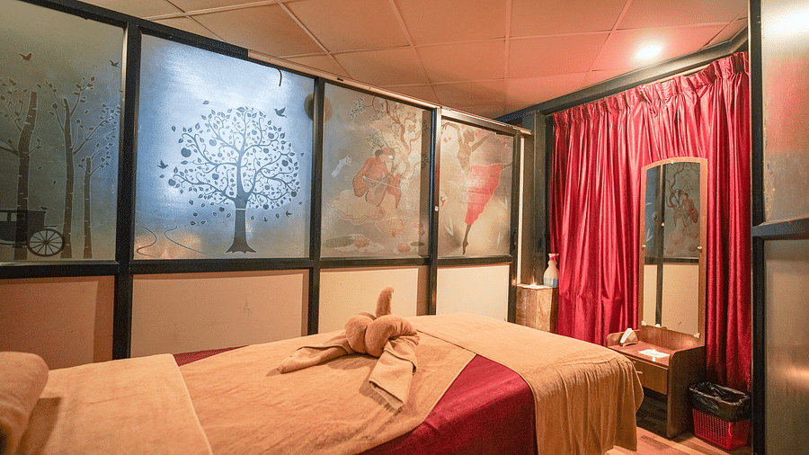 Image of a spa with a bed and a mirror in front at Coorg Jungle Camp.