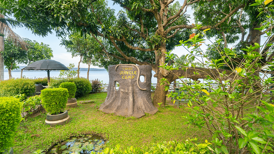 Image of an outdoor area with a faux tree stump in the centre at Coorg Jungle Camp.