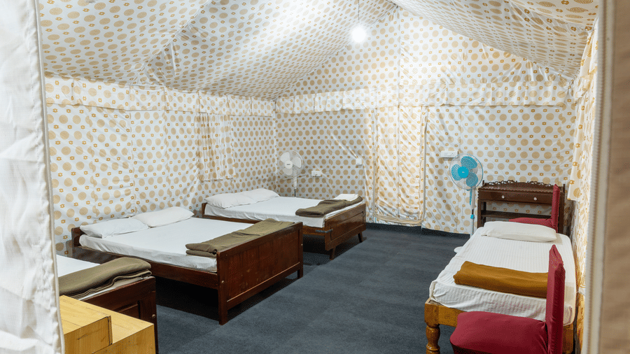 Interior of a safari-style canvas tent containing multiple beds, dark carpet, and traditional fabric lining.