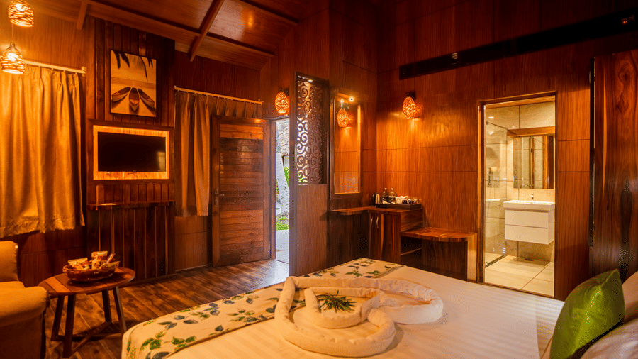  A well-lit, rustic room featuring a bed with green accent pillows, wooden walls, and comfortable seating. The space offers a peaceful, natural vibe with a combination of modern and traditional elements.