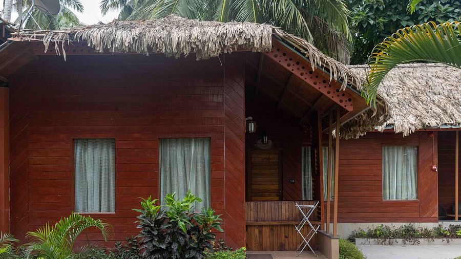 A beachside view with palm trees framing the scene. The sandy shore and calm water add to the tranquil atmosphere, with an outdoor structure in the background - Coral Reef Resort & Spa, Havelock