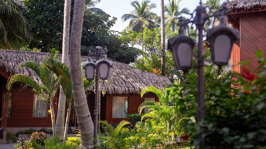  A view of a resort with wooden buildings and tropical plants, including palm trees. The setting is peaceful, with pathways and lamp posts lining the area, creating a welcoming environment - Coral Reef Resort & Spa, Havelock
