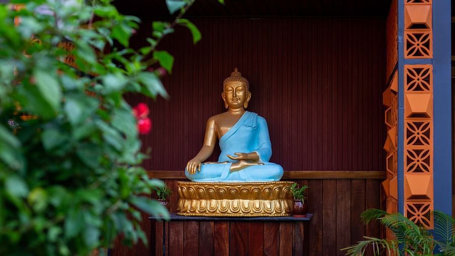 A peaceful image of a Buddha statue in a calm, natural setting. The statue is surrounded by greenery, creating a serene and meditative atmosphere - Coral Reef Resort & Spa, Havelock