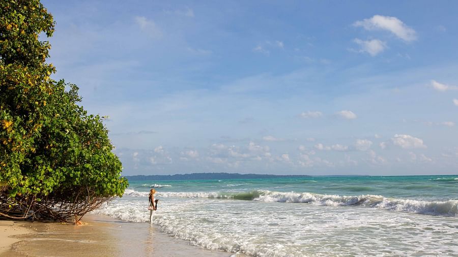A wide, open beach with soft waves lapping at the shore. A person is walking along the water’s edge, enjoying the tranquil atmosphere - Coral Reef Resort & Spa, Havelock
