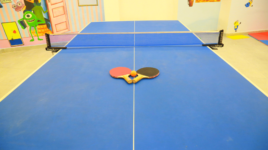 A table tennis table with 2 bats and a ball resting on the surface at DNC Shevaroys Resort & Spa.