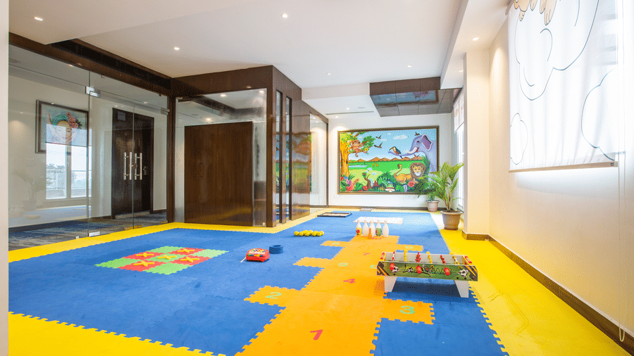 Indoor colourful children's play area with foam floor mats and toys - Eastlynn Resort, Rishikesh