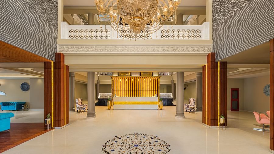 Overview of the Lobby area of Essentia Luxury Resort & Spa, Udaipur.