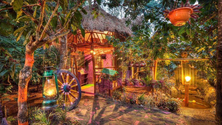 A facade image of Family Wooden cottage surrounded by lush green trees and ambient lighting - Evergreen County