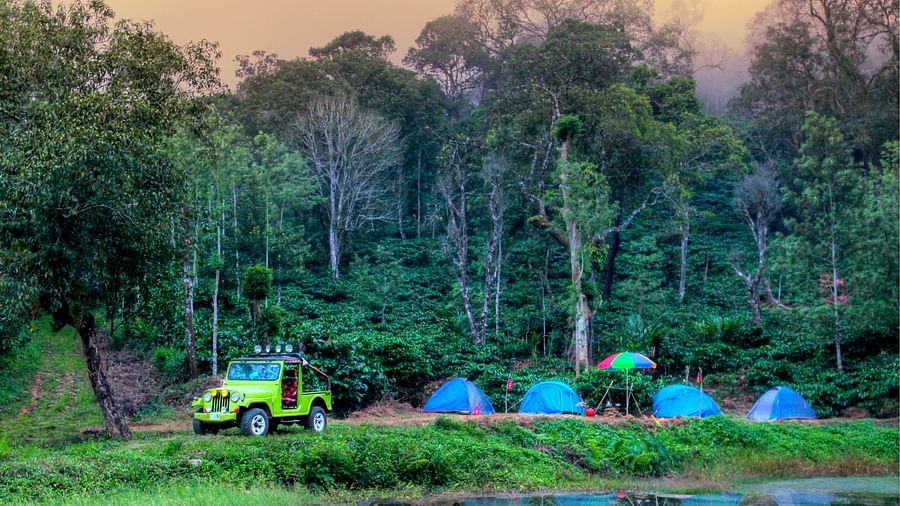 Tents pitched near a green jeep by a calm pond in a serene forest landscape during dusk - Evergreen County