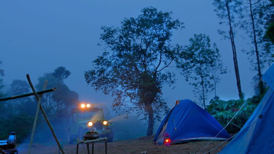 An evening campsite scene with a blue tent, a fire pit, and a vehicle with headlights on in a misty forest setting - Evergreen County