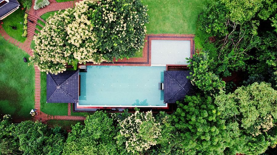 This overhead shot at Forest Escape displays a building with a blue swimming pool bordered by green lawns and trees.
