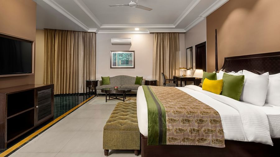 Ganga View Suite side shot with the bed facing a television and sofa on the far end of the room - Ganga Lahari, Haridwar