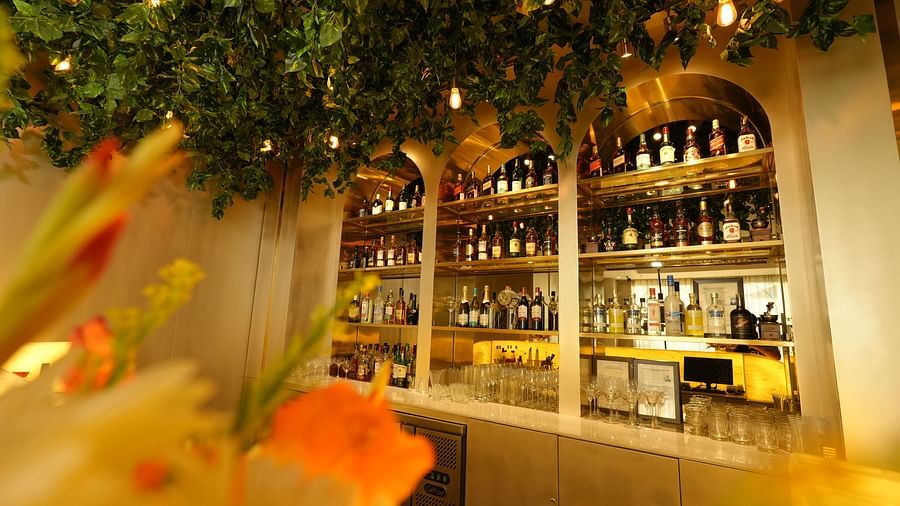 Bar counter with vibrant bottle display and floral ceiling décor - Grand Plaza Lords Inn Jammu