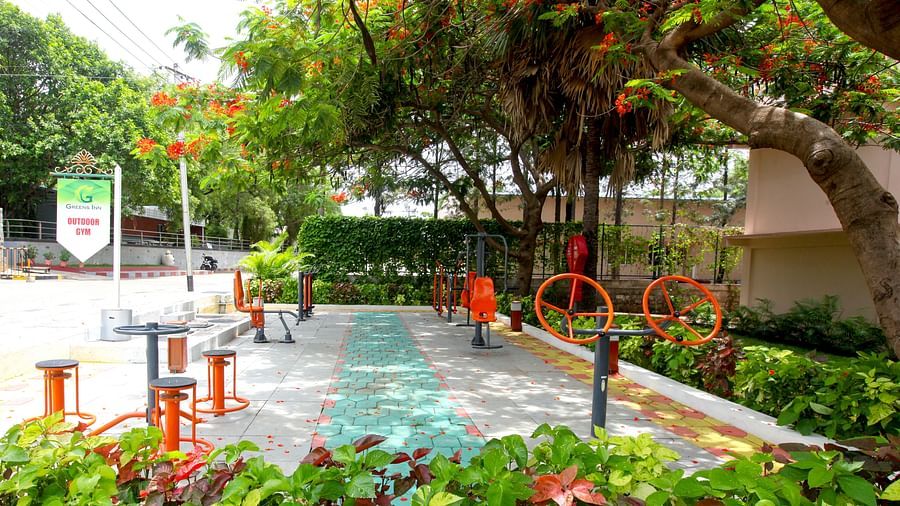 Outdoor games placed under trees at Greens Inn - Fun Activities in Hyderabad.