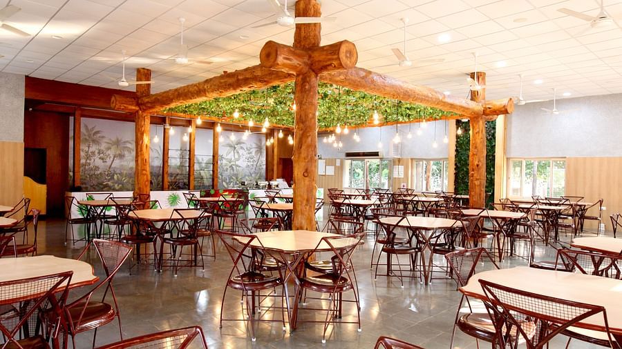 An elaborate seating arrangement at Greens Inn Restaurant featuring wooden furnishing and lit bulbs hanging from the ceiling at Greens Inn - Cozy Dining in Hyderabad.