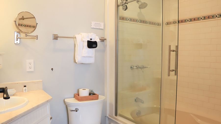 Bathroom with glass-walled shower area, small mirror, sink, and tissue roll placed near the toilet area at Hartstone Inn.