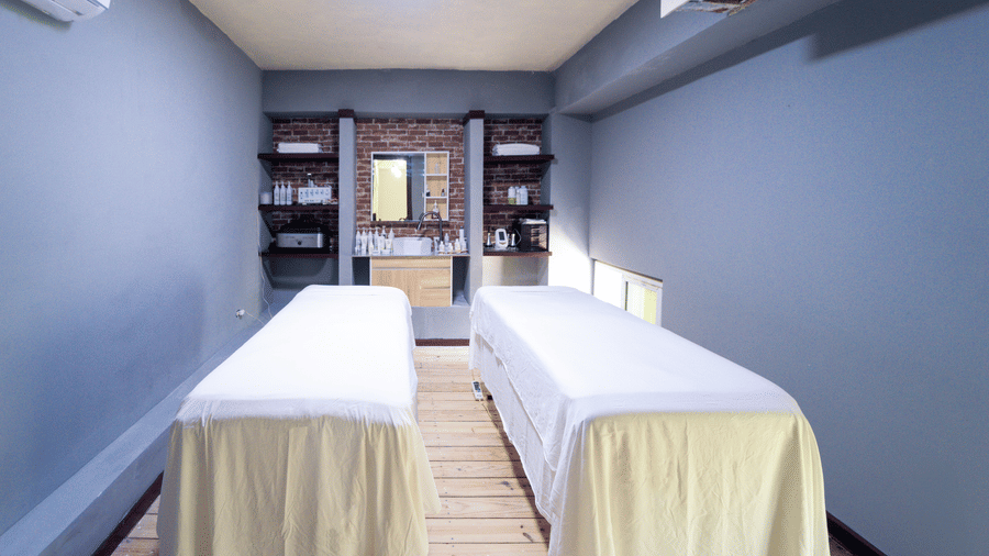 A view of a spa with two beds used for treatments at Hotel 39, Jamaica (Montego Bay).