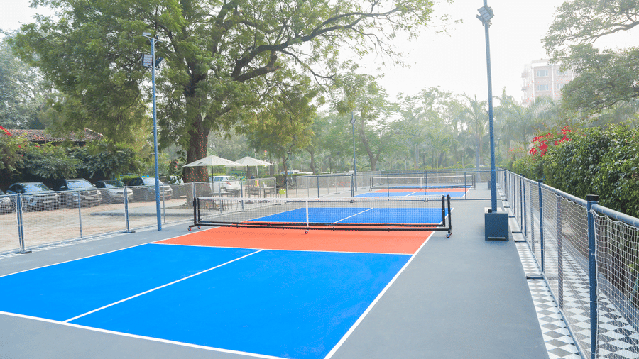 Freshly marked pickleball court ready for play at Hotel Clarks Shiraz, Agra.