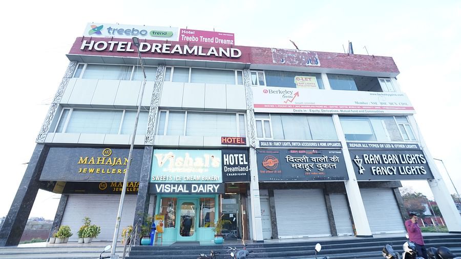 Facade image of Hotel Dreamland, Chandigarh with vehicles parked in the front.