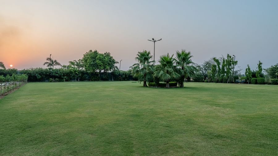 An extended view of the expansive open garden area in the premises of Hotel Highway King, Behror, seen with trees, grass, and glowing sun in the background.