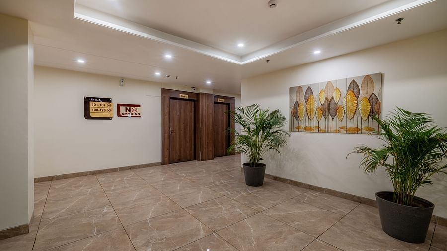 Spacious corridor near guest elevators with indoor plants and artwork at Hotel Highway King, Bilaspur.