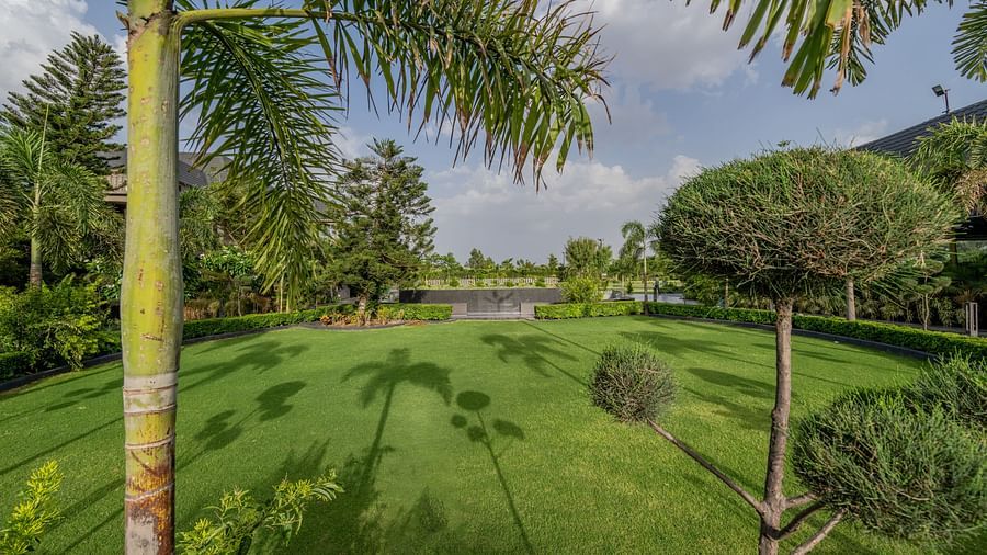 Lush green lawns and trees creating a scenic landscape at Hotel Highway King Shahpura.