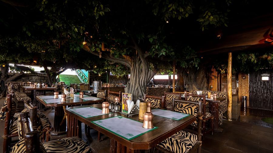 seating arrangements inside one of the restaurants at Hotel Pai Vista, Mysore