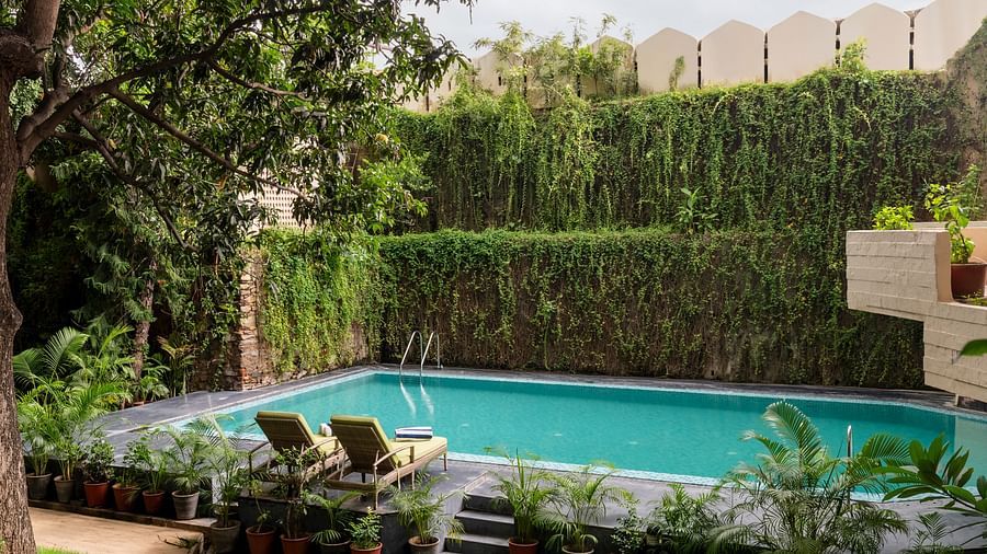 Shot of the swimming pool at the hotel in the morning - Hotel Rajdarshan, Udaipur.